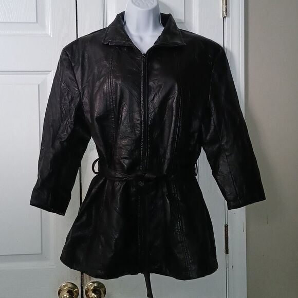 Navarre Leather Company vintage  genuine leather belted jacket Sz L NWOT - Picture 1 of 10
